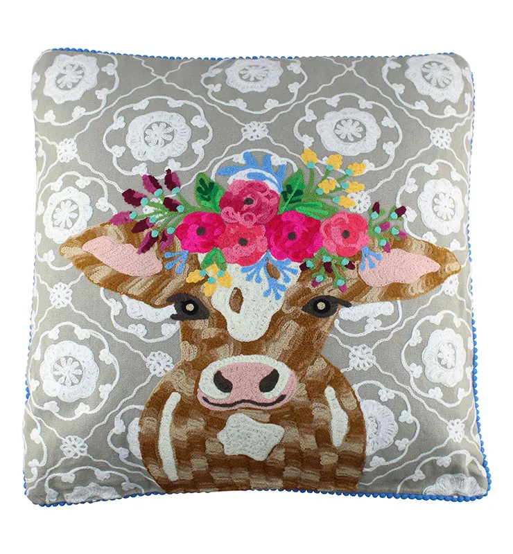 Lazy Cow Embroidered Throw Pillow
