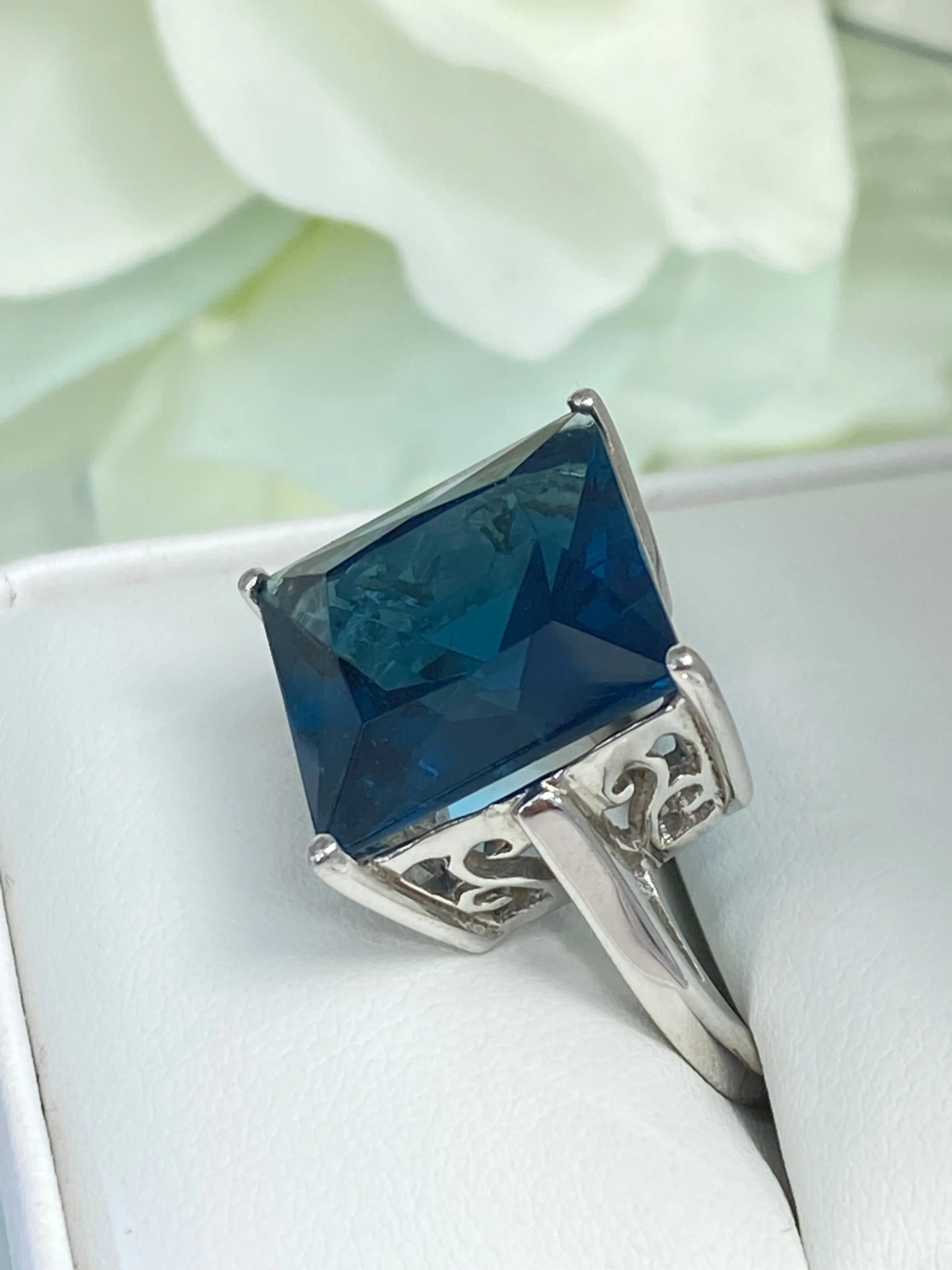 London Blue Art Deco Ring, Size 7, 12ct Big Square Gem, Vintage Jewelry Design#D45 - Ready to Ship