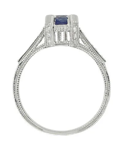 Luxe Deco Castle Blue Sapphire Engagement Ring in 18 Karat White Gold