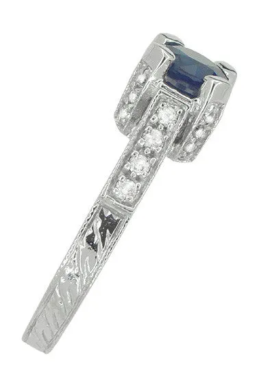 Luxe Deco Castle Blue Sapphire Engagement Ring in 18 Karat White Gold