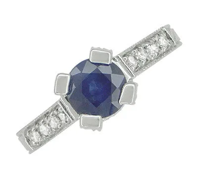 Luxe Deco Castle Blue Sapphire Engagement Ring in 18 Karat White Gold