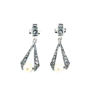 Marcasite Antique Akoya Saltwater Cultured Pearl Pierced Drop Earrings- Sterling Silver
