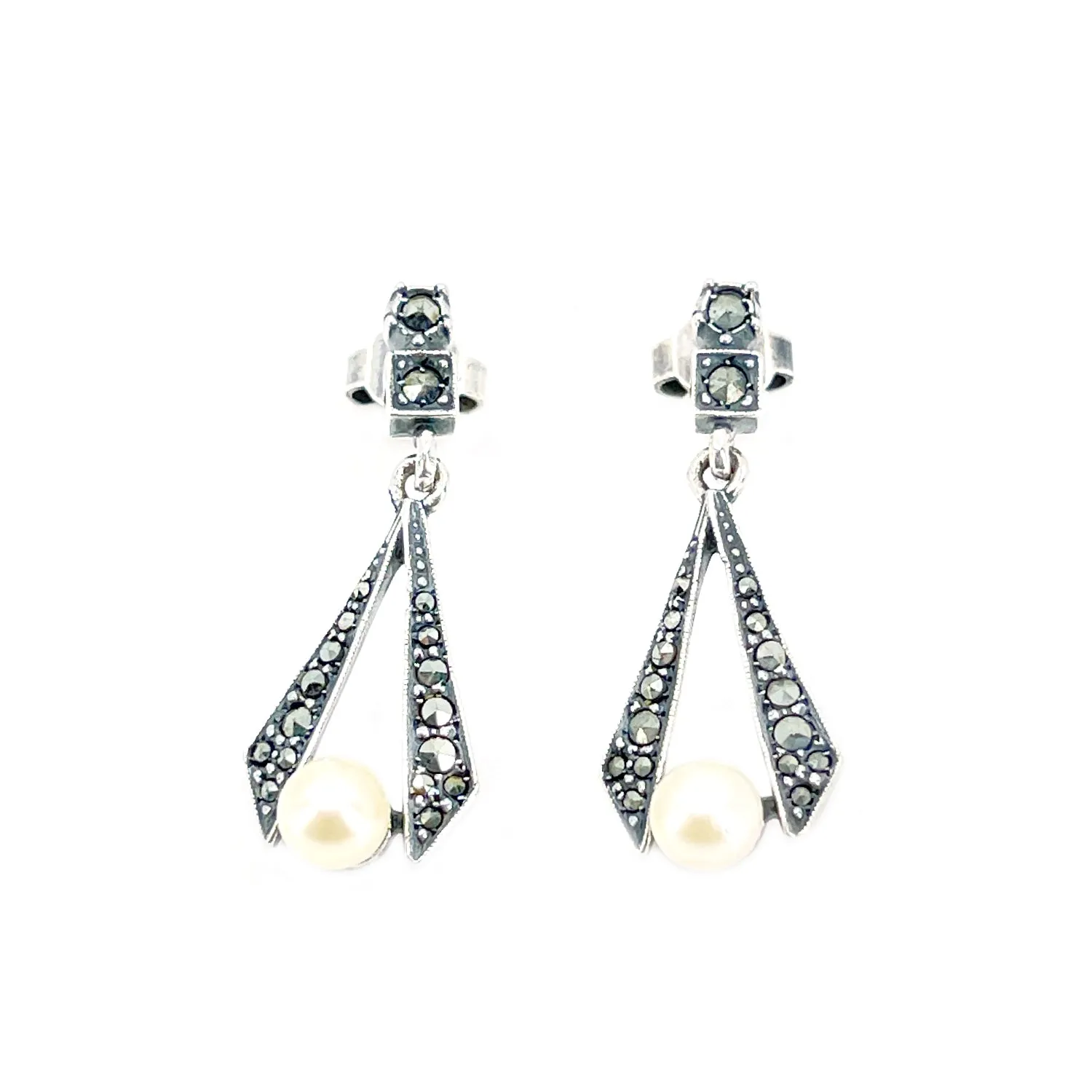 Marcasite Antique Akoya Saltwater Cultured Pearl Pierced Drop Earrings- Sterling Silver