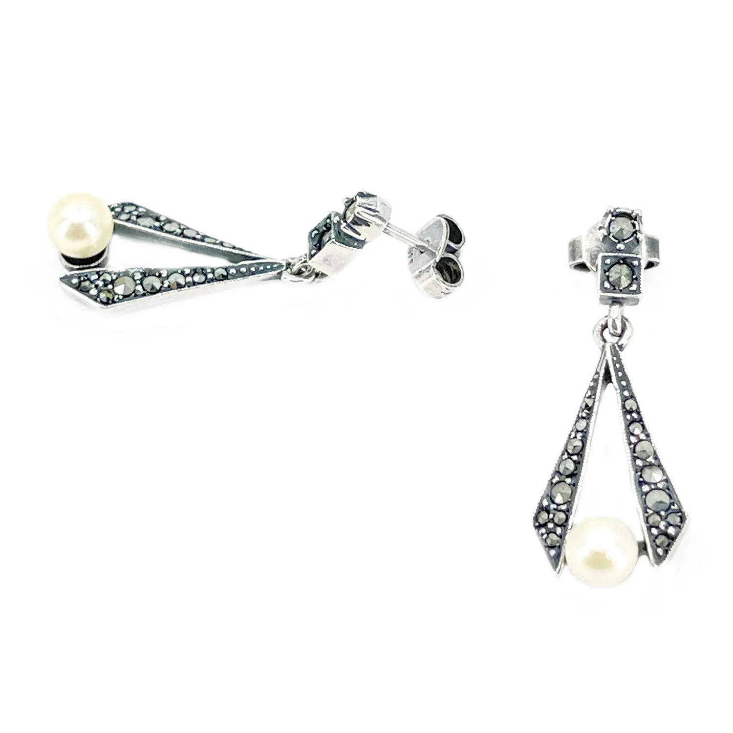 Marcasite Antique Akoya Saltwater Cultured Pearl Pierced Drop Earrings- Sterling Silver