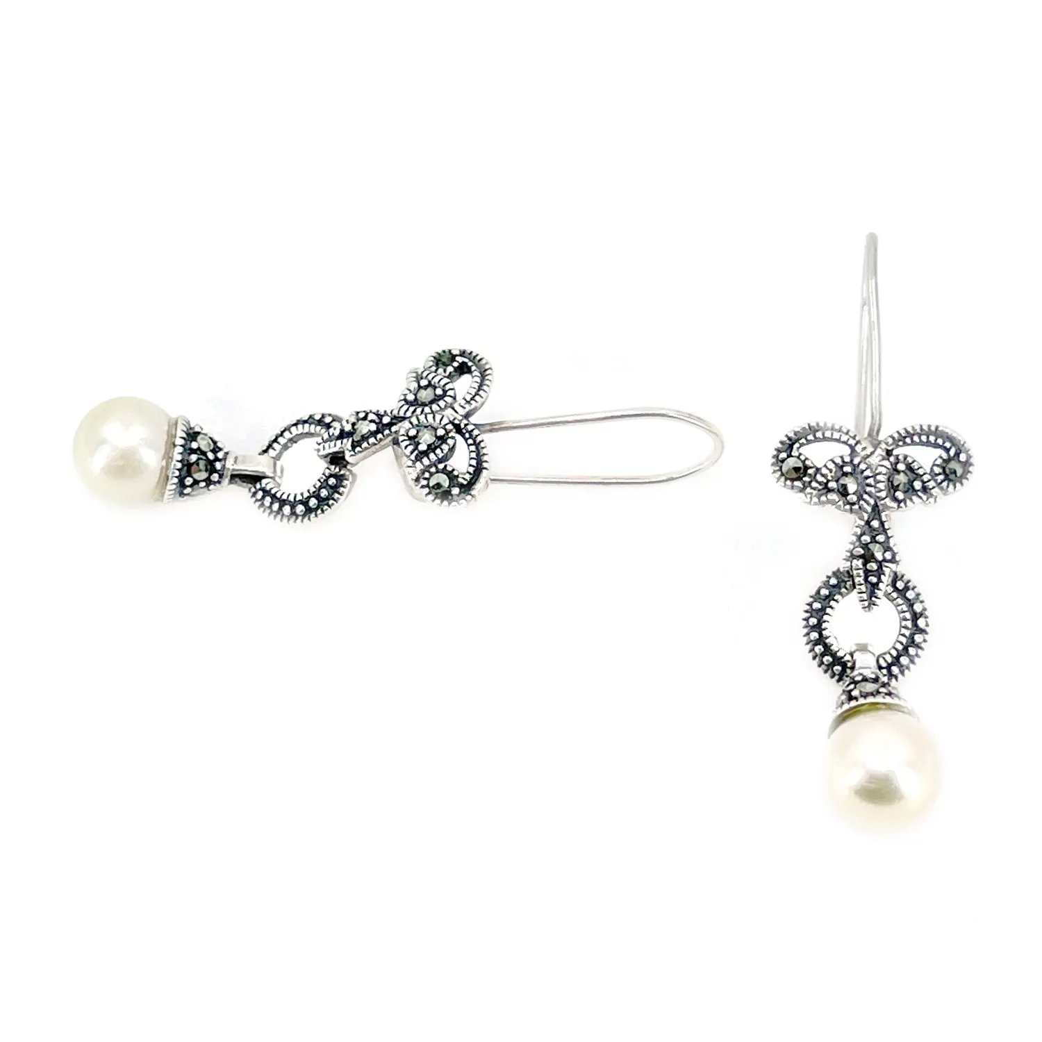 Marcasite Antique Akoya Saltwater Cultured Pearl Pierced Ribbon Drop Earrings- Sterling Silver