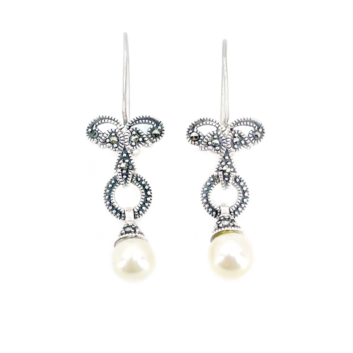 Marcasite Antique Akoya Saltwater Cultured Pearl Pierced Ribbon Drop Earrings- Sterling Silver