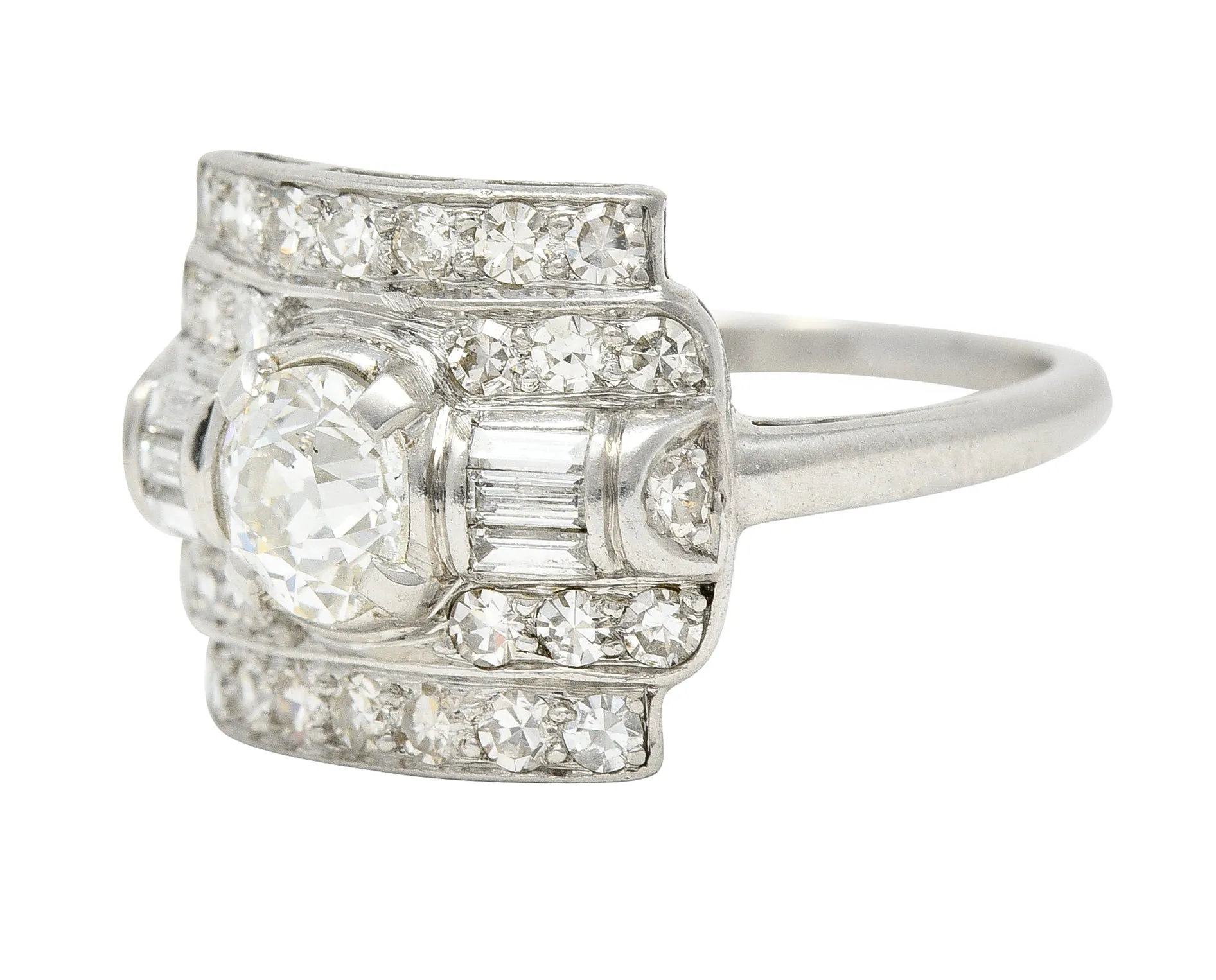Maurice Tishman Art Deco 1.66 CTW Old European Cut Diamond Platinum Cluster Vintage Dinner Ring
