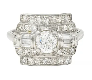 Maurice Tishman Art Deco 1.66 CTW Old European Cut Diamond Platinum Cluster Vintage Dinner Ring