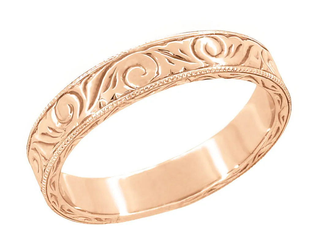 Men's Art Deco Scrolls Engraved Wedding Band in 14 Karat Rose Gold