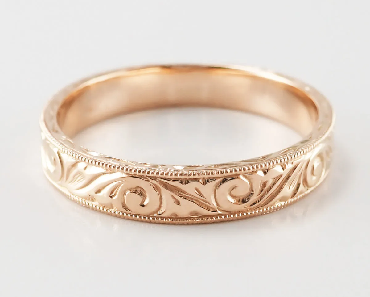 Men's Art Deco Scrolls Engraved Wedding Band in 14 Karat Rose Gold