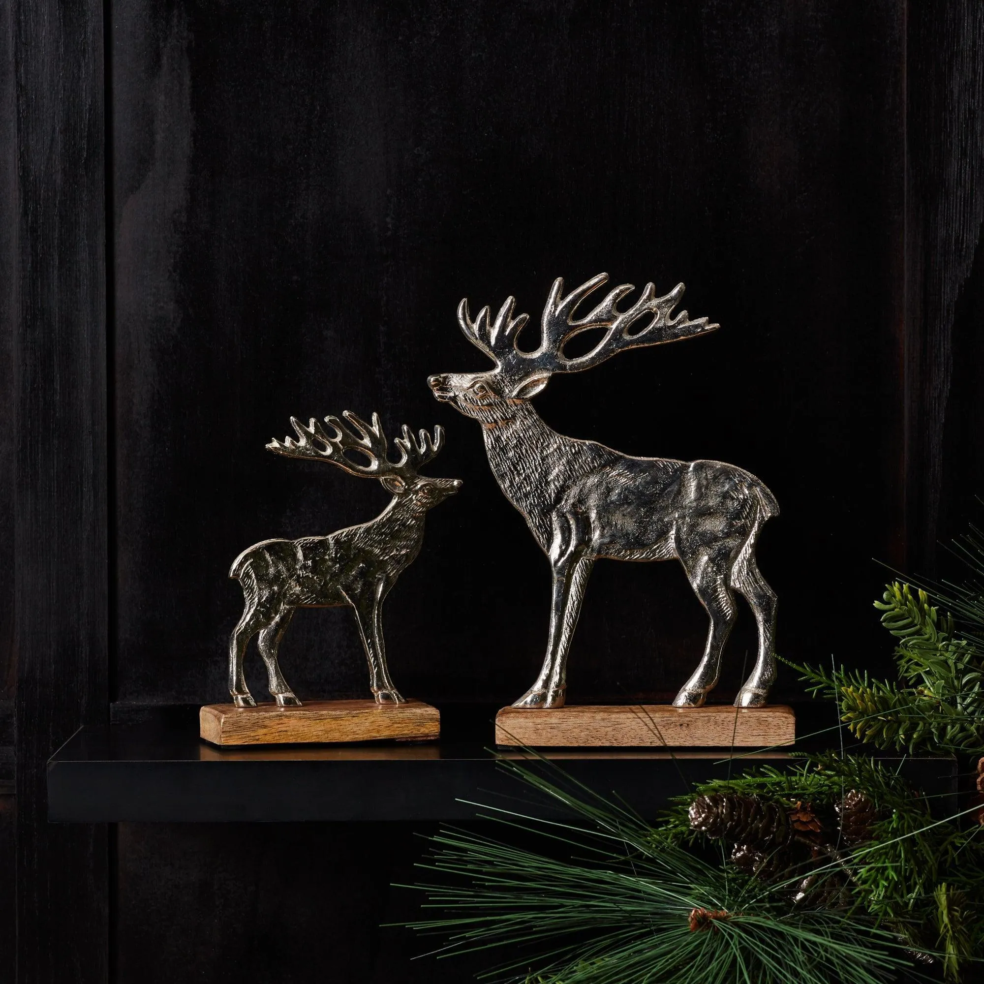 Metal Deer Silhouette with Wood Base (Set of 2)