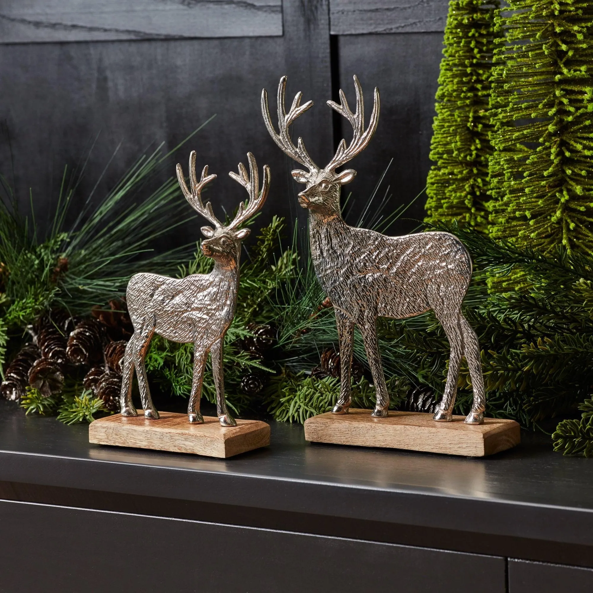 Metal Deer Silhouette with Wood Base (Set of 2)