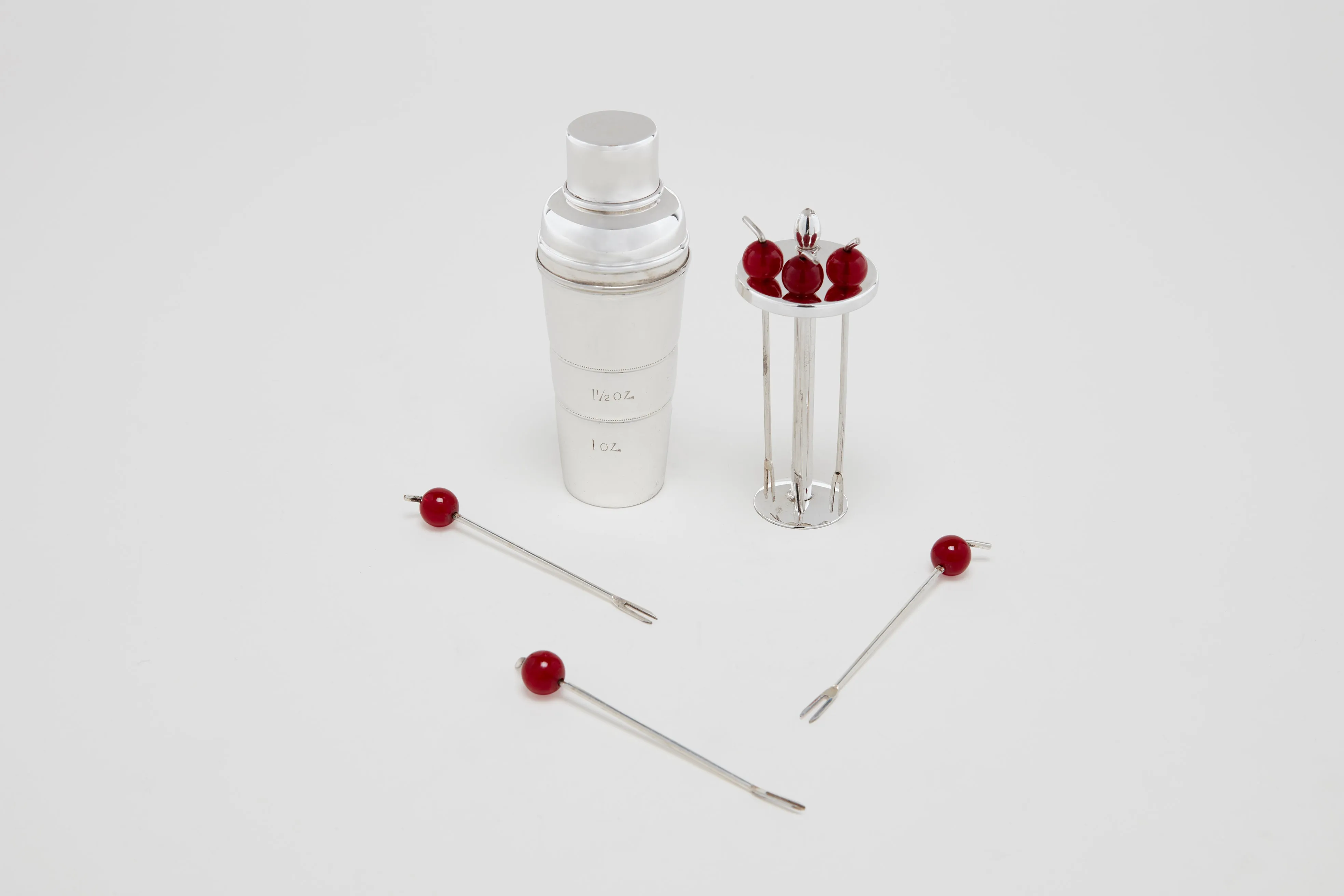 Miniature Cocktail Shaker Jigger with Pick Stand & Cherry Picks