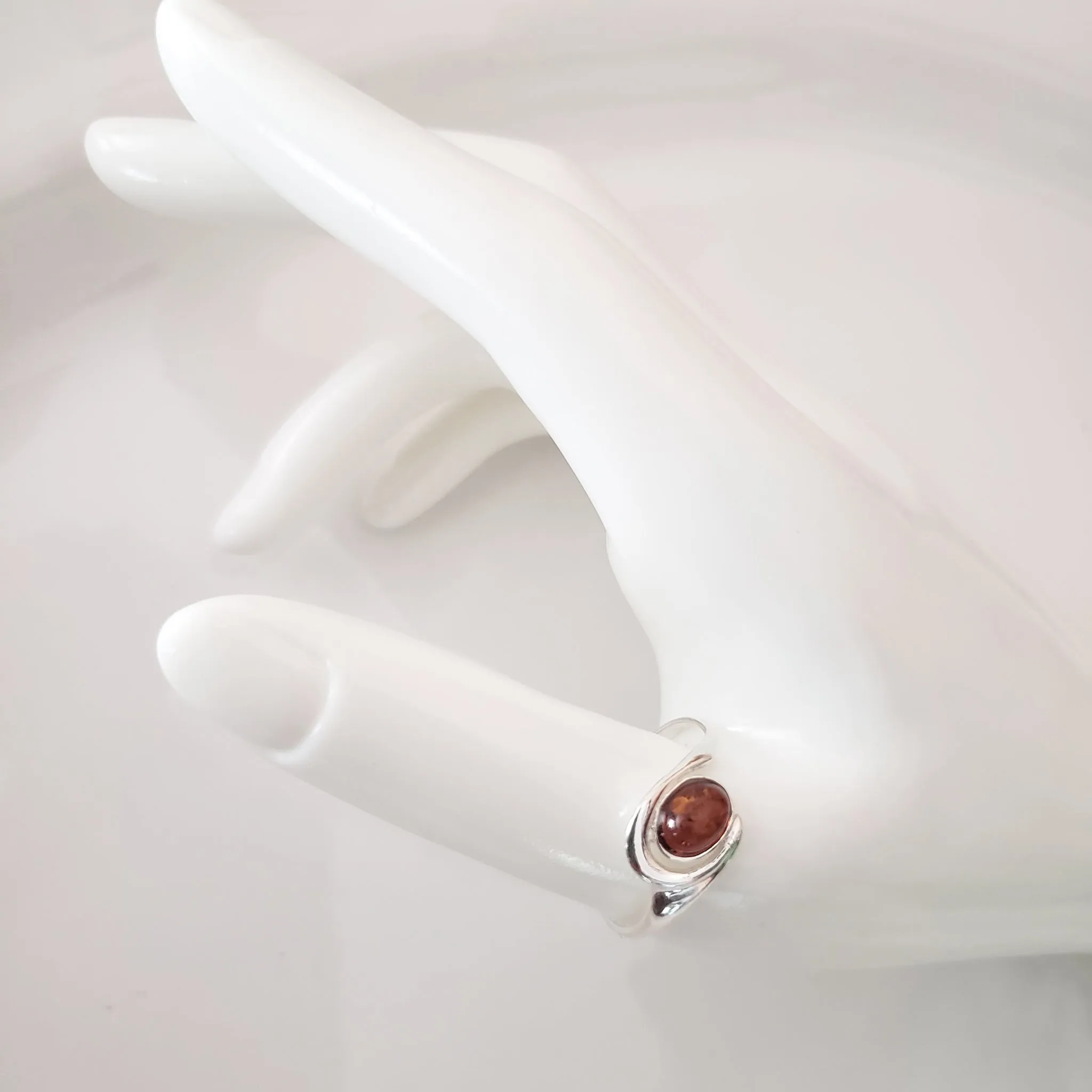 Minimalist Ring Oval Cognac Shade Natural Amber Sterling Silver