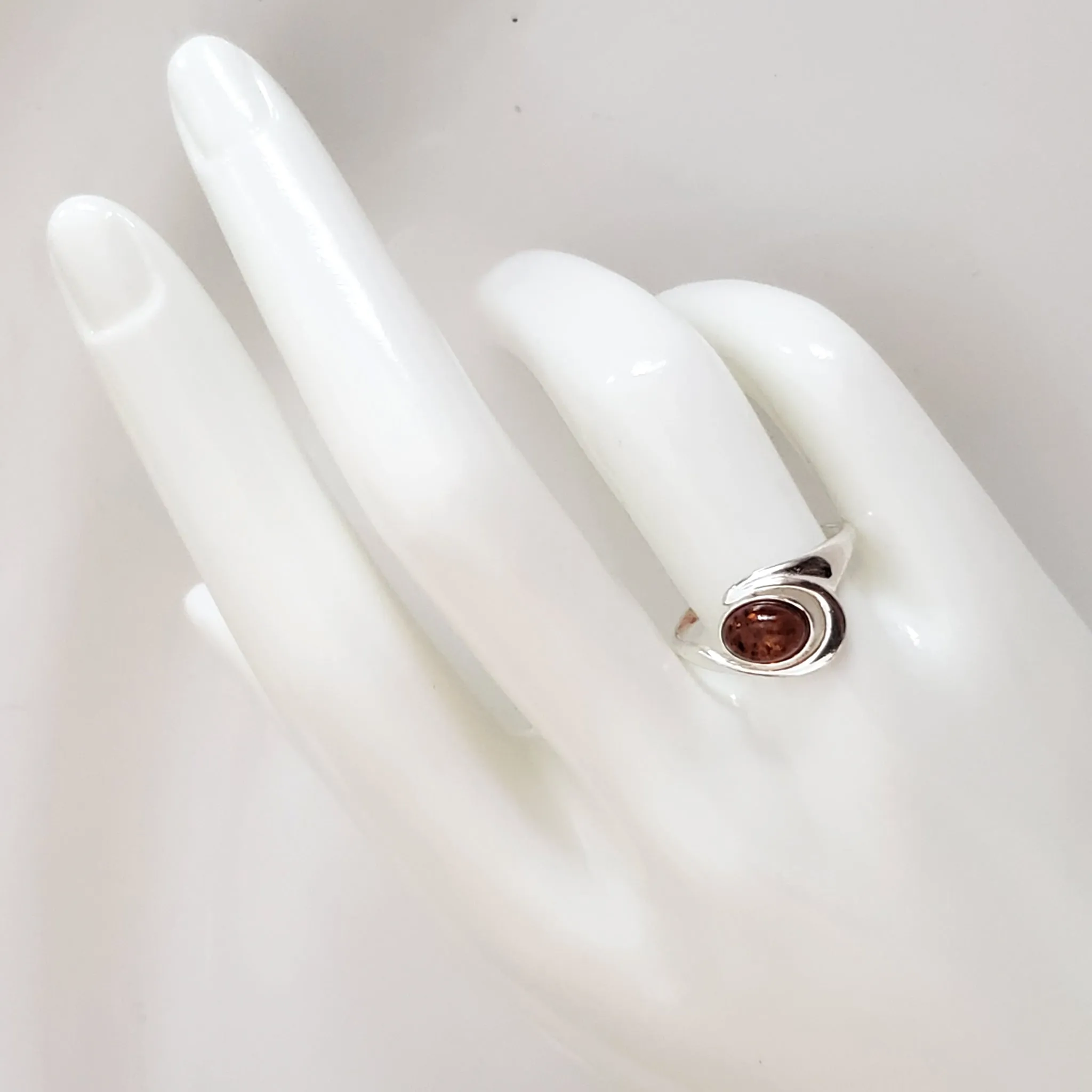 Minimalist Ring Oval Cognac Shade Natural Amber Sterling Silver