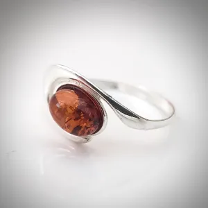 Minimalist Ring Oval Cognac Shade Natural Amber Sterling Silver