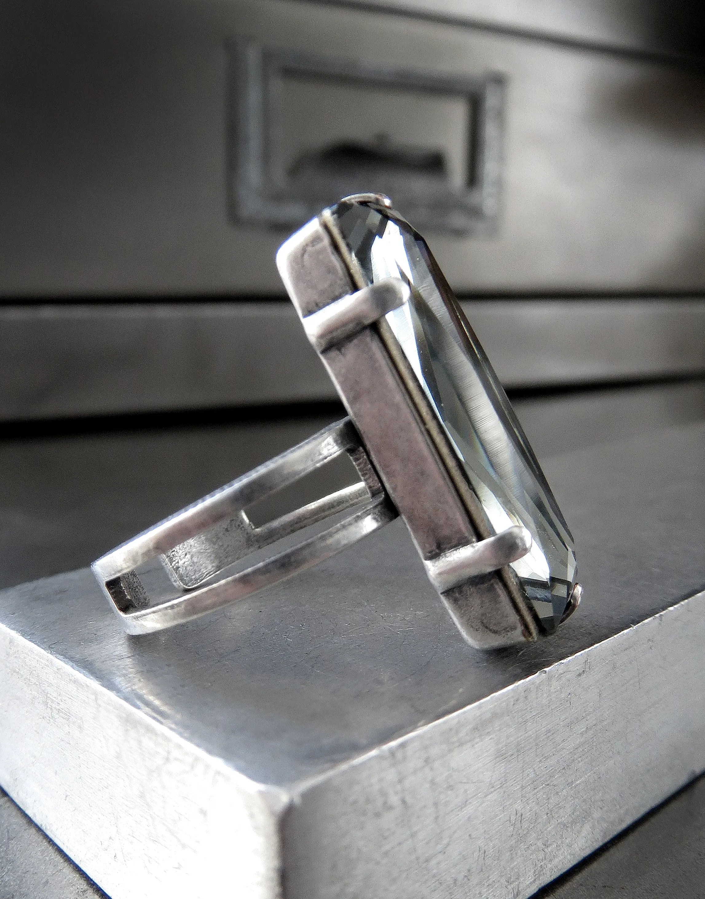 Modern Architectural Crystal Ring - Black Diamond