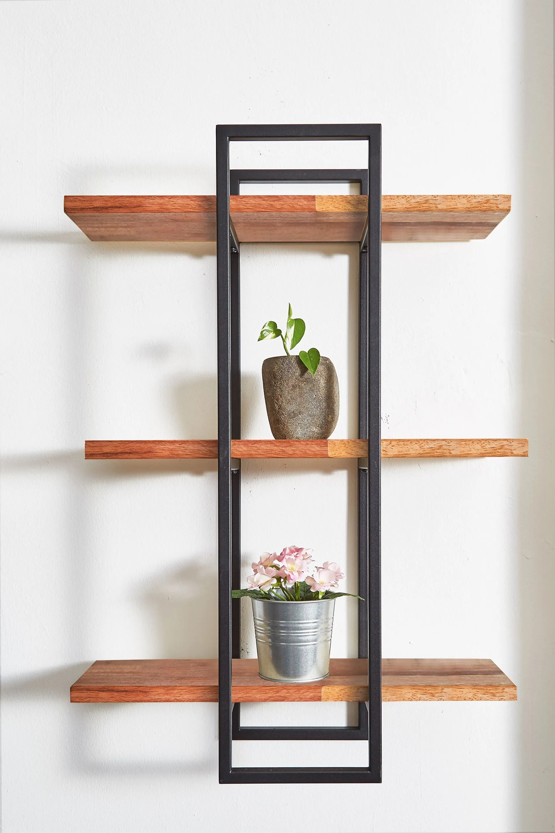 Modern Black and Natural Deouble Rectangle Hanging Wall Shelves
