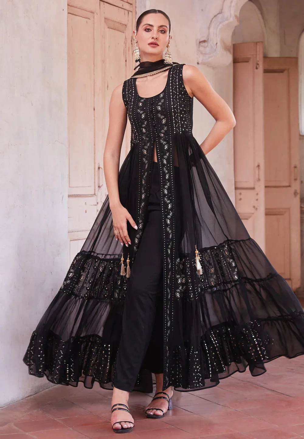 Modern Elegance Black Embroidered Slit Style Anarkali