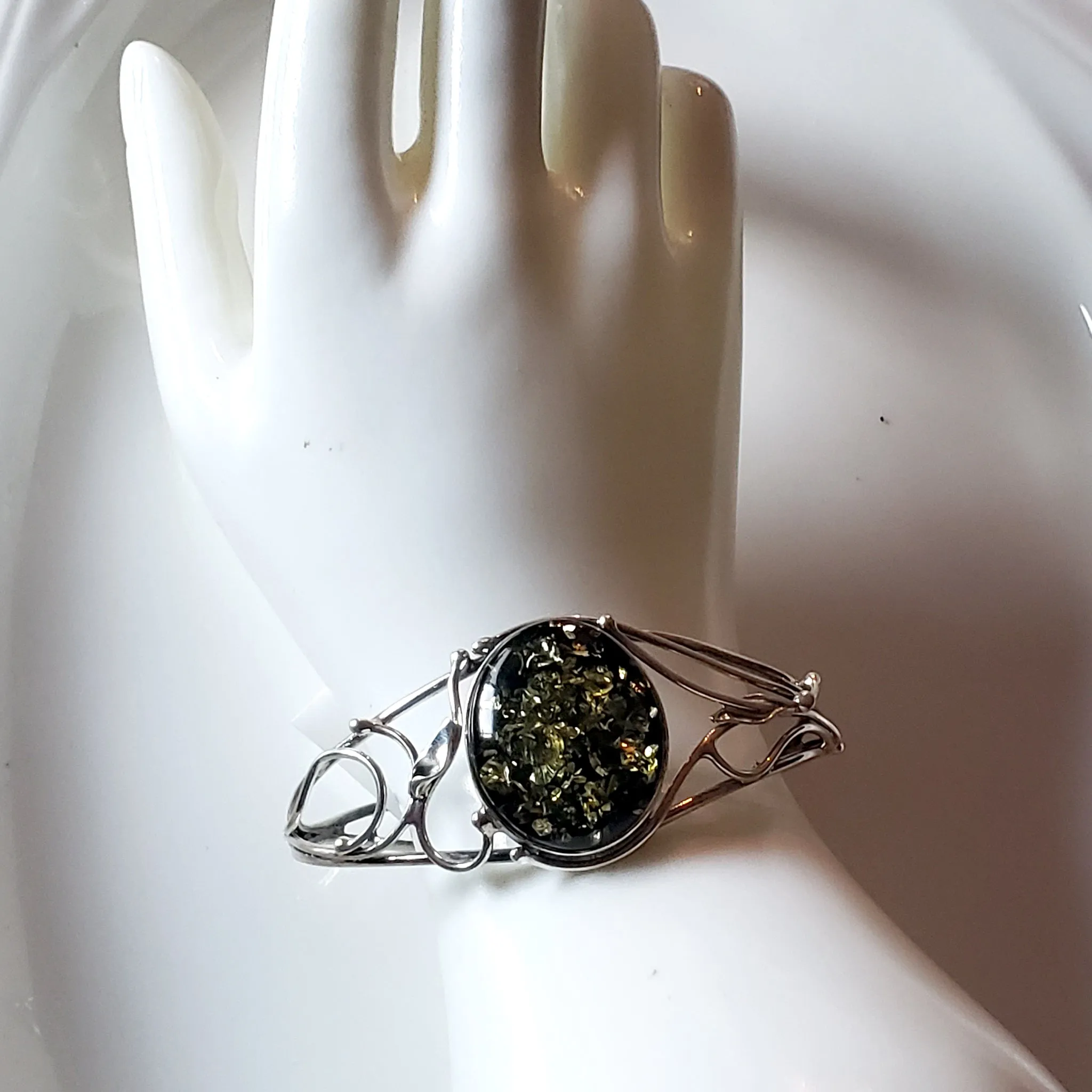 Modern Green Amber Silver Cuff Bracelet