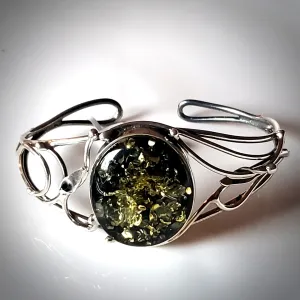 Modern Green Amber Silver Cuff Bracelet