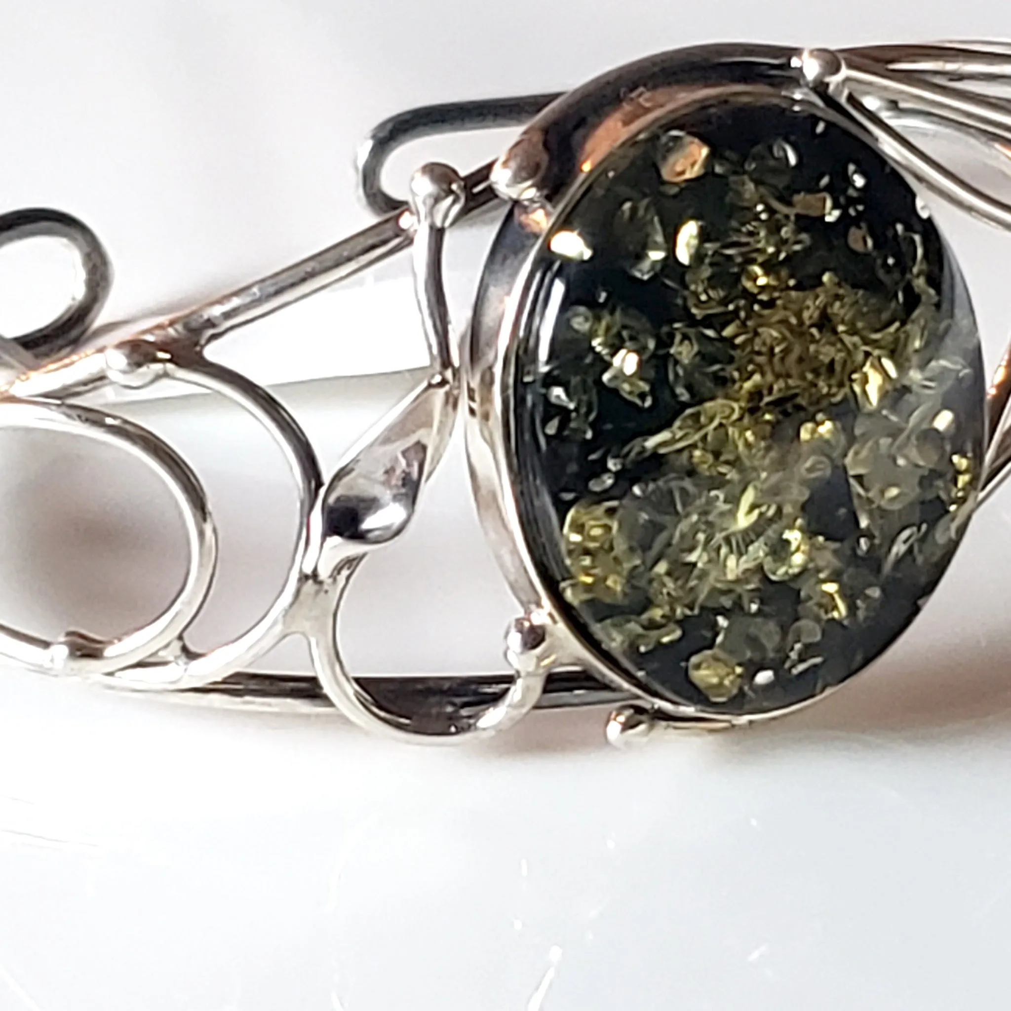 Modern Green Amber Silver Cuff Bracelet