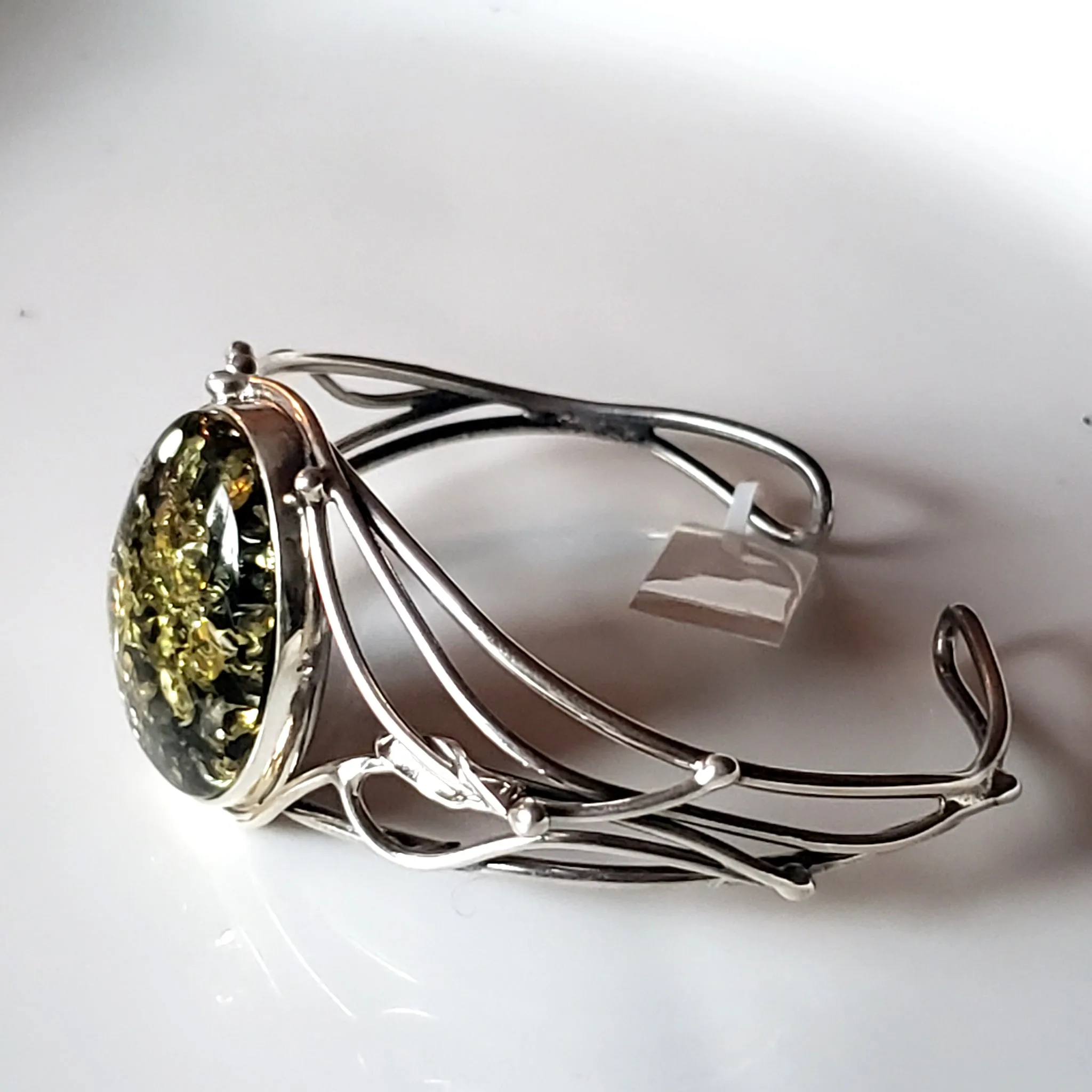 Modern Green Amber Silver Cuff Bracelet