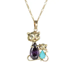 Mother & Baby Cat Pendant Necklace Vintage 14k Yellow Gold Turquoise Jewelry