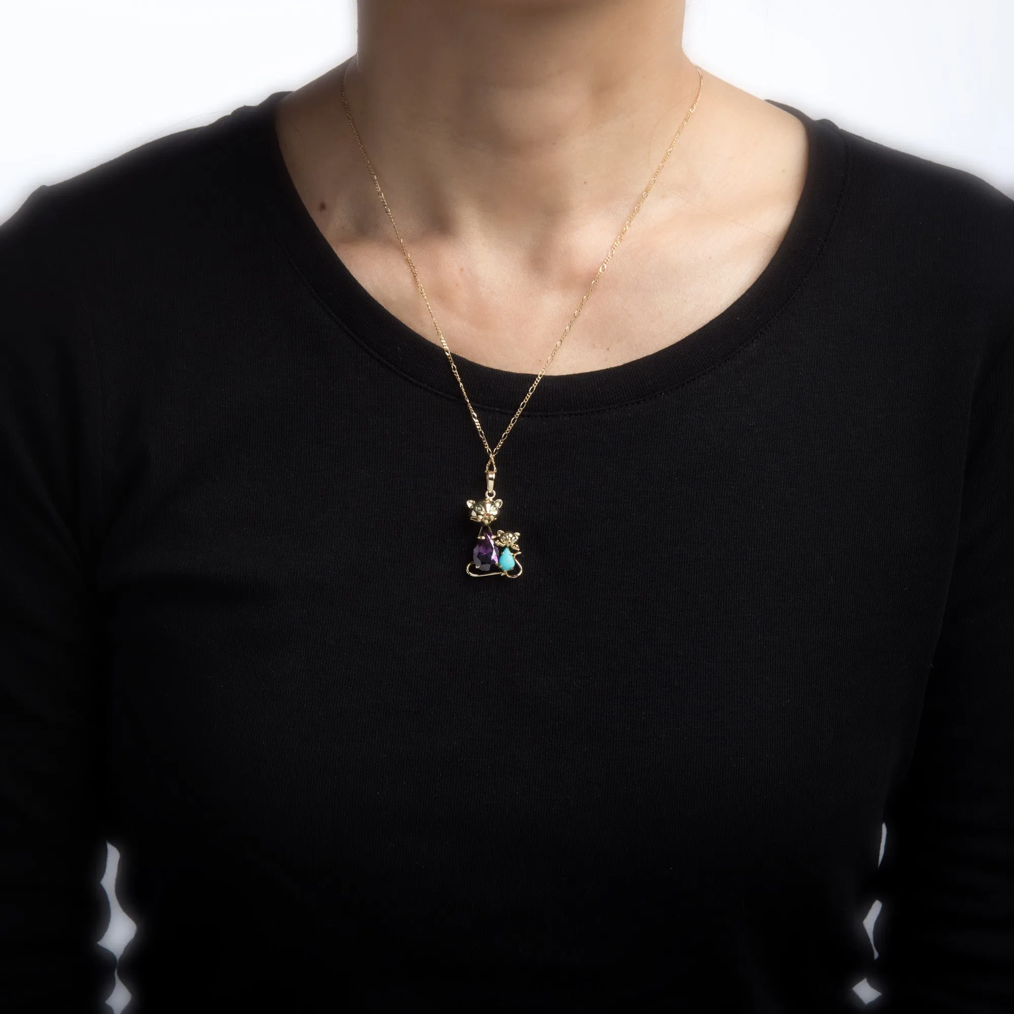 Mother & Baby Cat Pendant Necklace Vintage 14k Yellow Gold Turquoise Jewelry