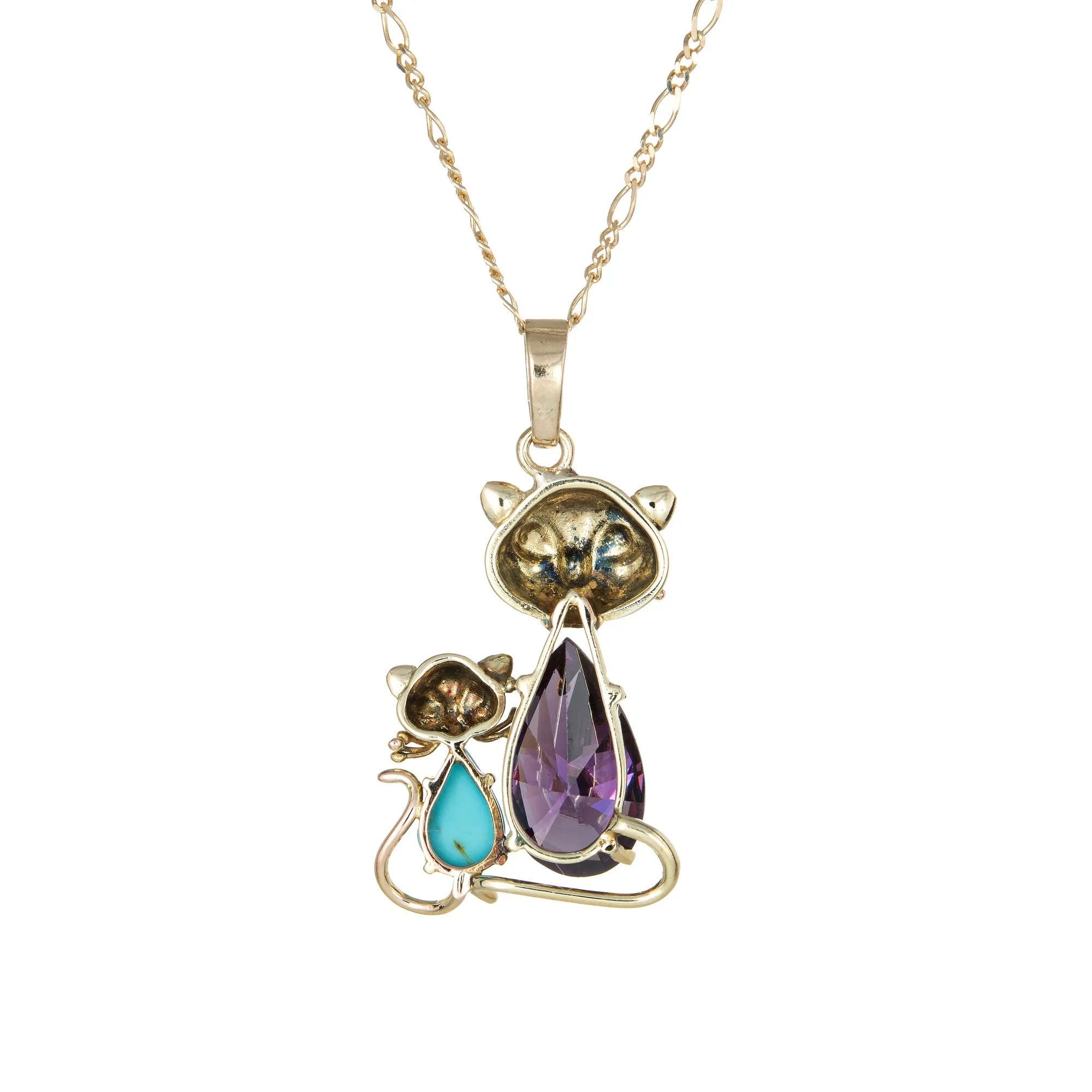 Mother & Baby Cat Pendant Necklace Vintage 14k Yellow Gold Turquoise Jewelry