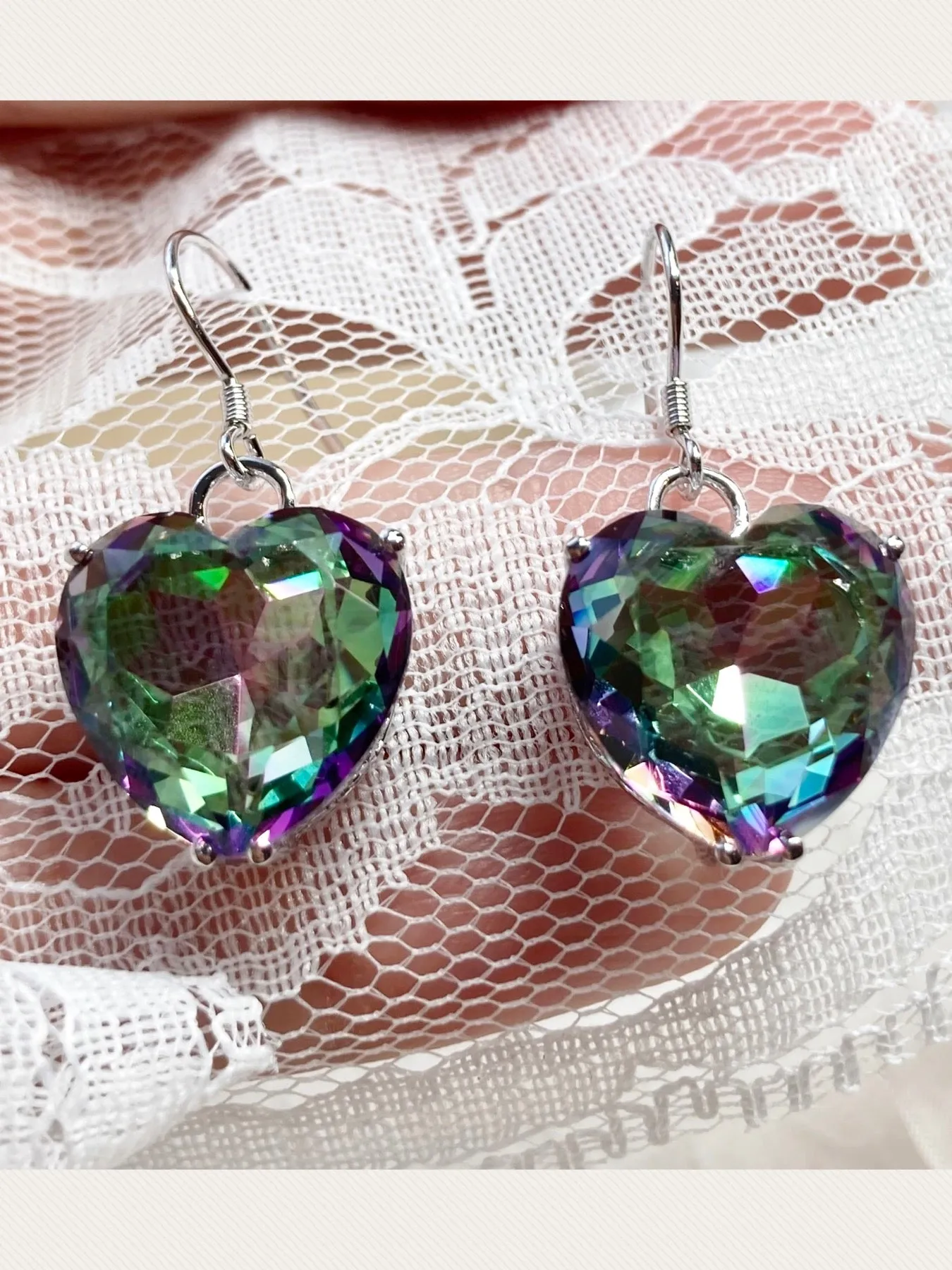 Mystic Topaz Earrings, Heart Gemstone, Art Nouveau Jewelry #E38