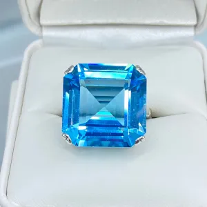 Natural Blue Topaz Ring, Size 7, Huge 20ct Big Square Gem, Vintage Jewelry #D1 - Ready to Ship