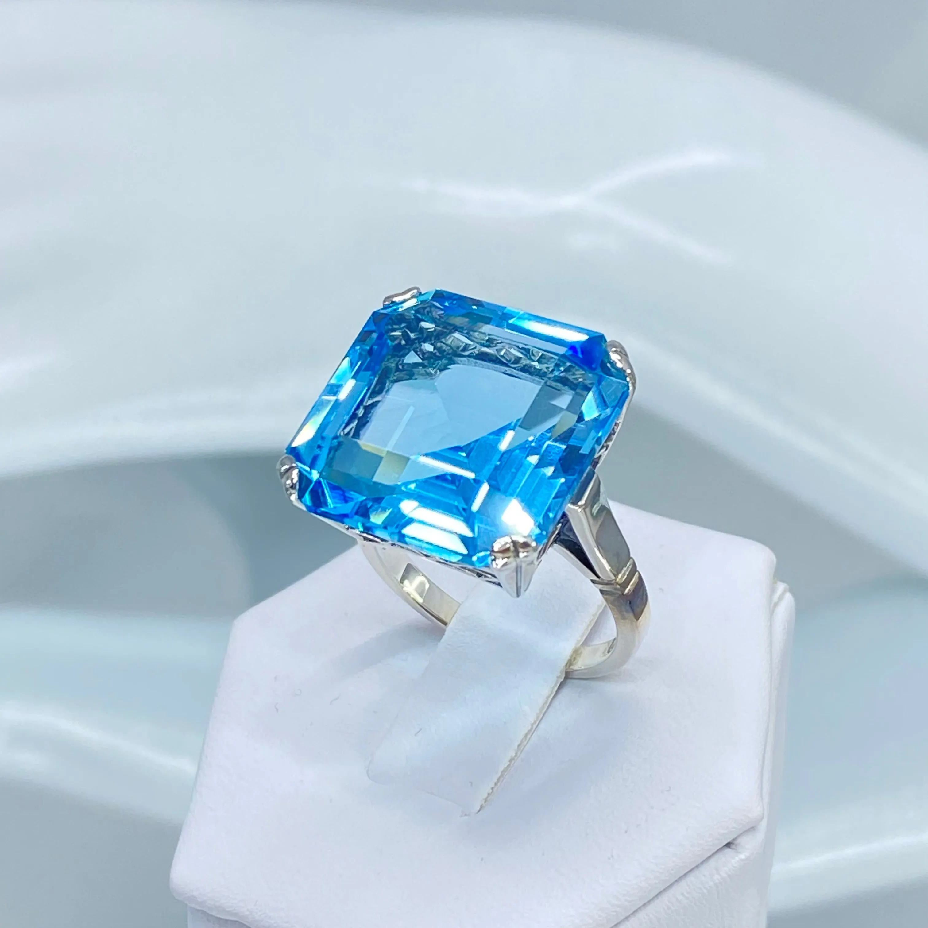 Natural Blue Topaz Ring, Size 7, Huge 20ct Big Square Gem, Vintage Jewelry #D1 - Ready to Ship