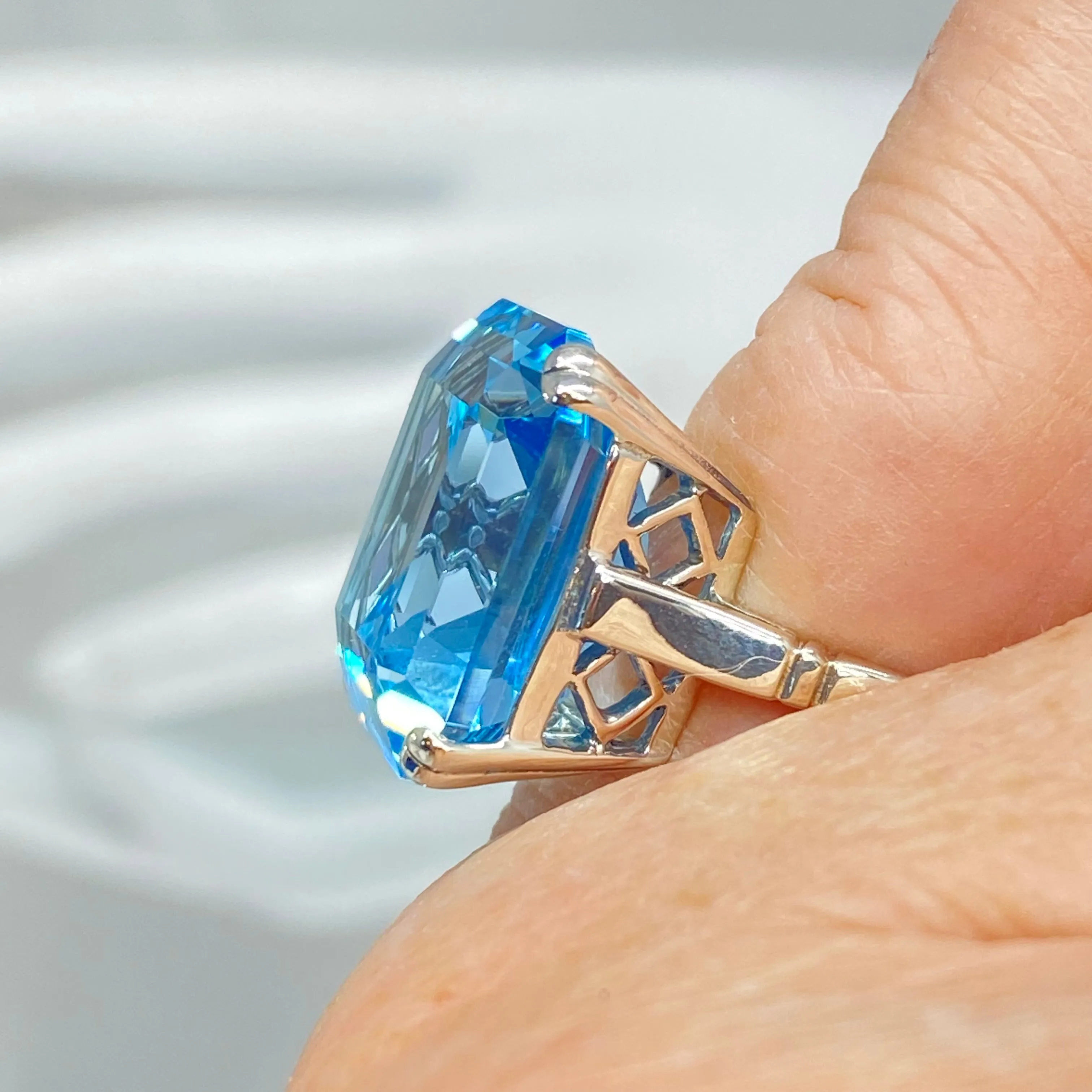 Natural Blue Topaz Ring, Size 7, Huge 20ct Big Square Gem, Vintage Jewelry #D1 - Ready to Ship