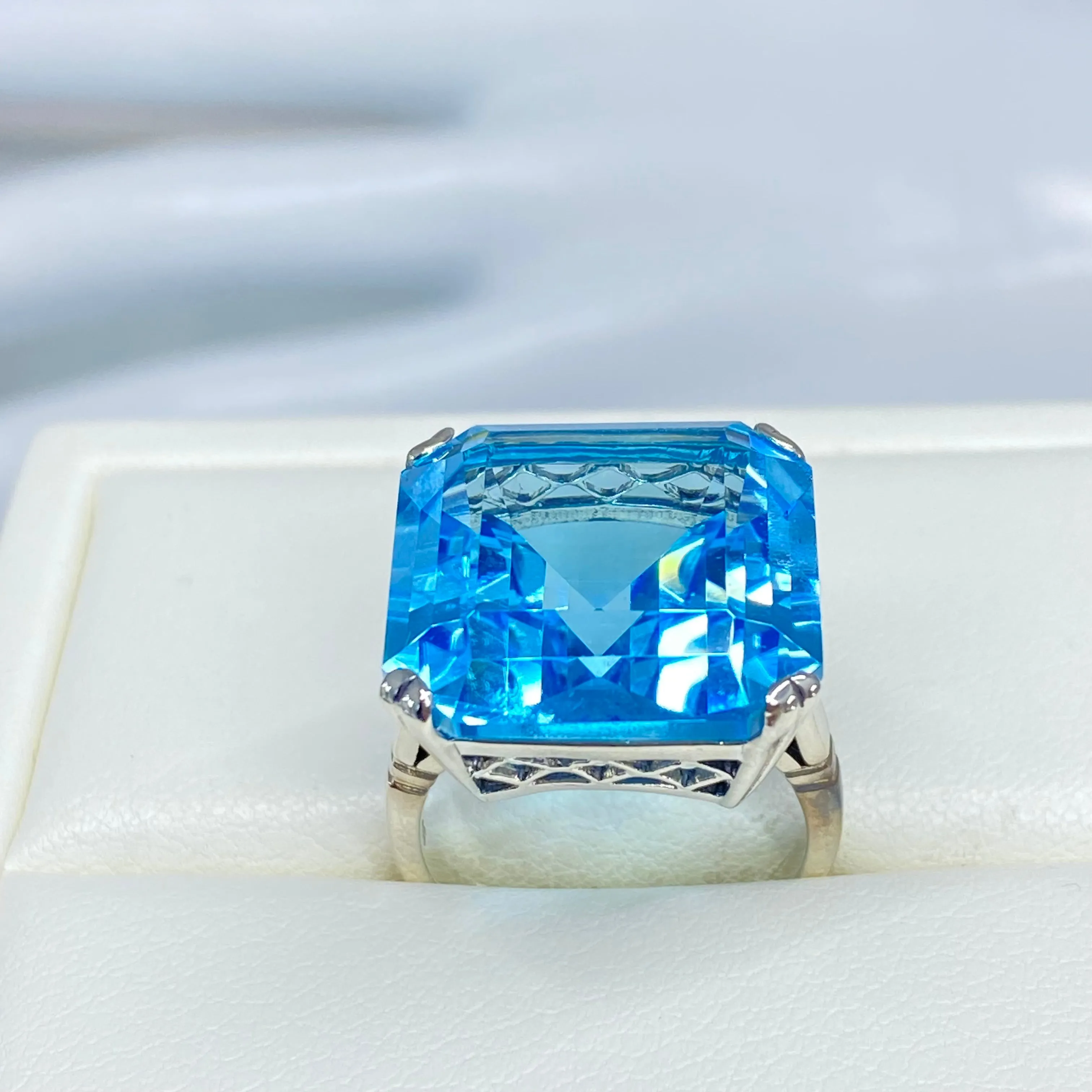 Natural Blue Topaz Ring, Size 7, Huge 20ct Big Square Gem, Vintage Jewelry #D1 - Ready to Ship