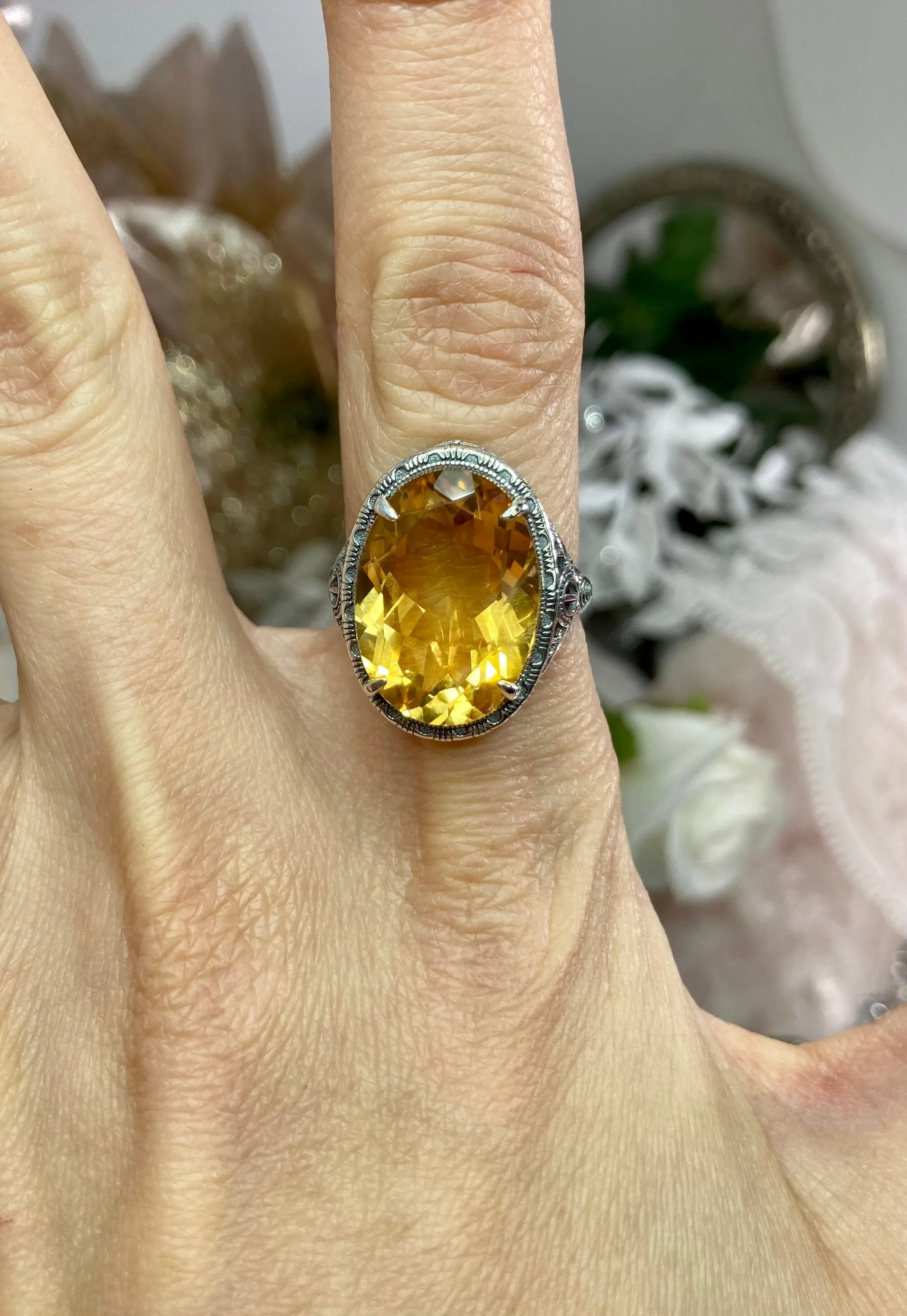 Natural Yellow Citrine Persian Ring, Art Deco Vintage Revival Jewelry #D230