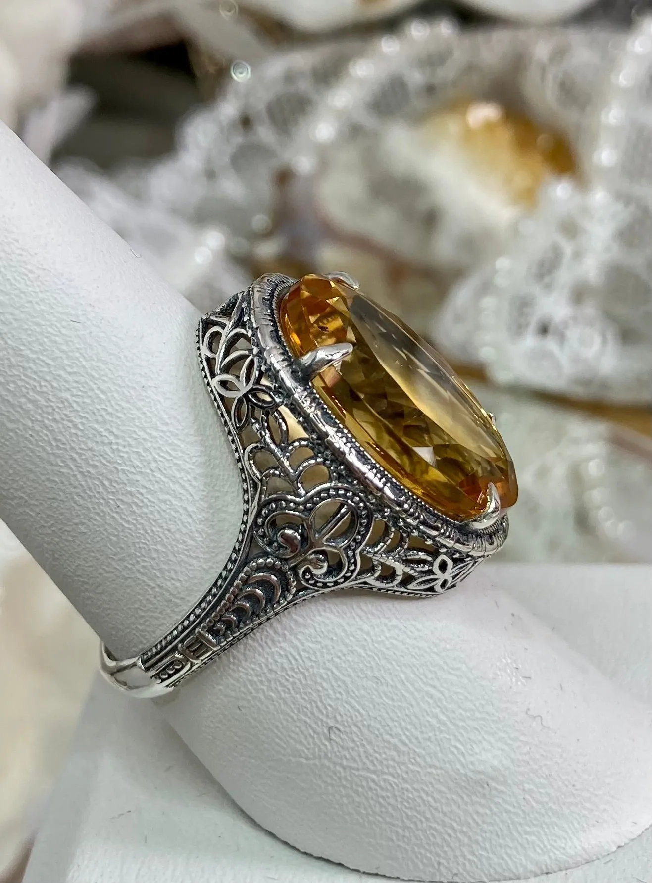 Natural Yellow Citrine Persian Ring, Art Deco Vintage Revival Jewelry #D230