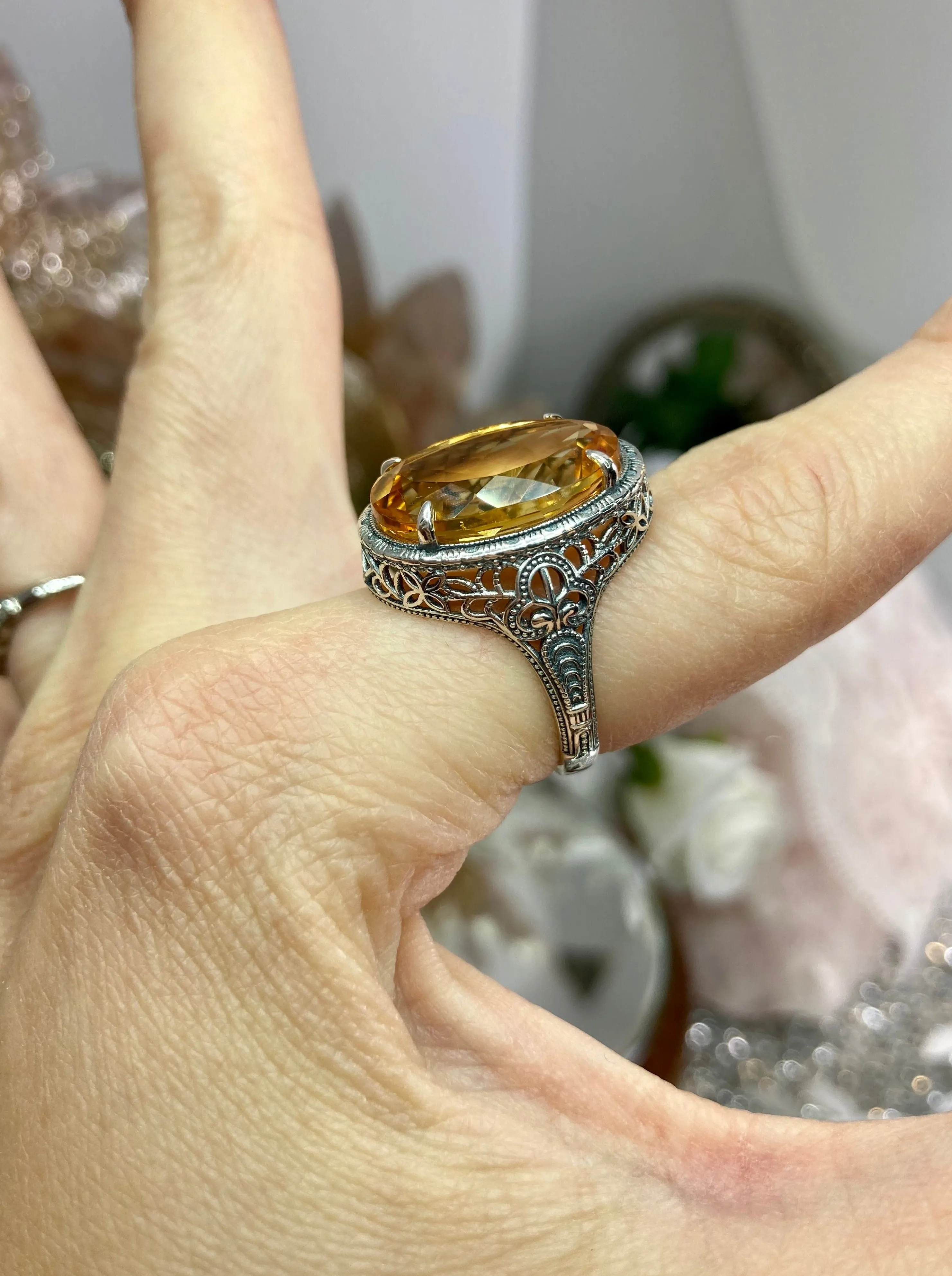 Natural Yellow Citrine Persian Ring, Art Deco Vintage Revival Jewelry #D230