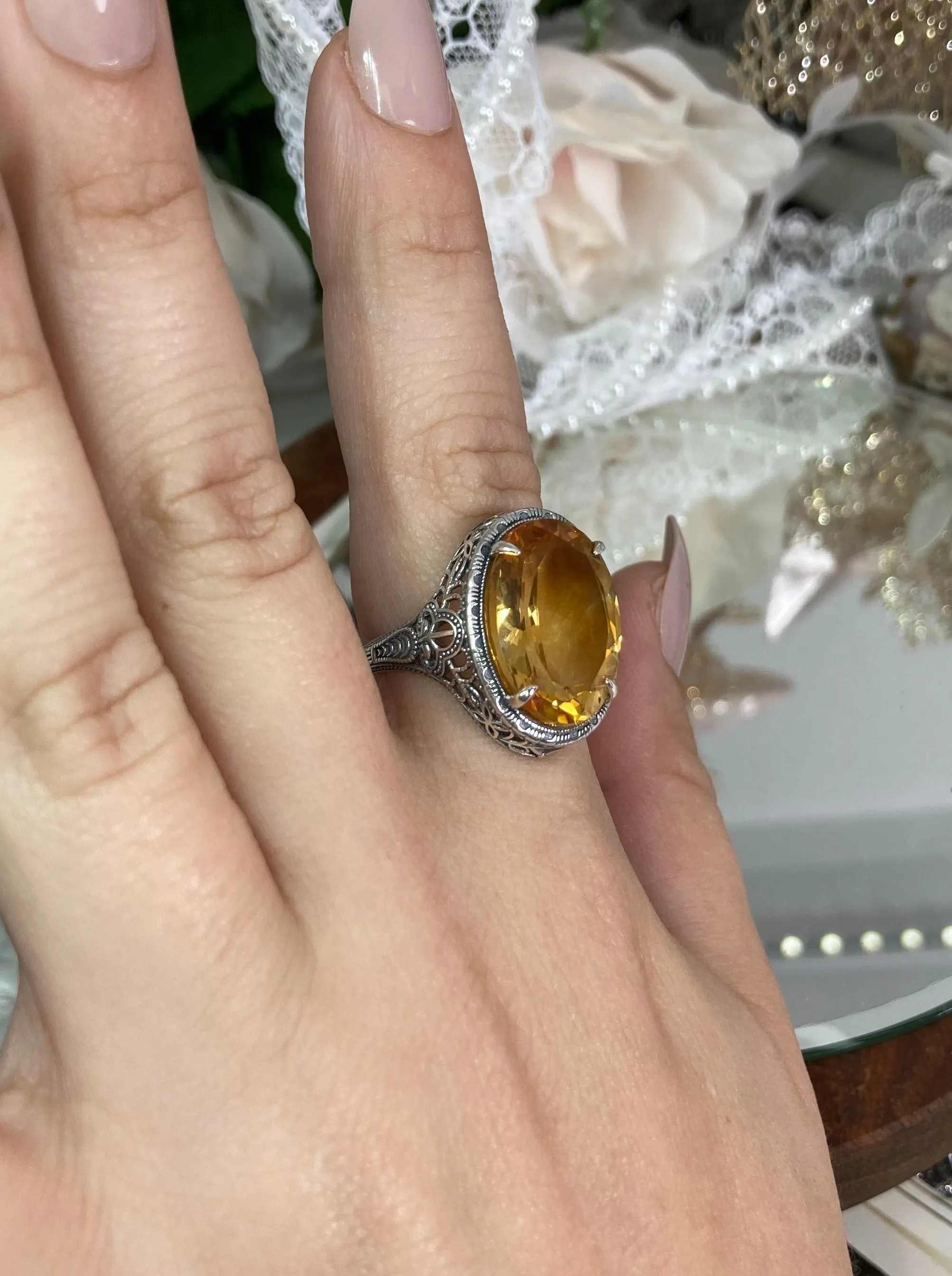 Natural Yellow Citrine Persian Ring, Art Deco Vintage Revival Jewelry #D230