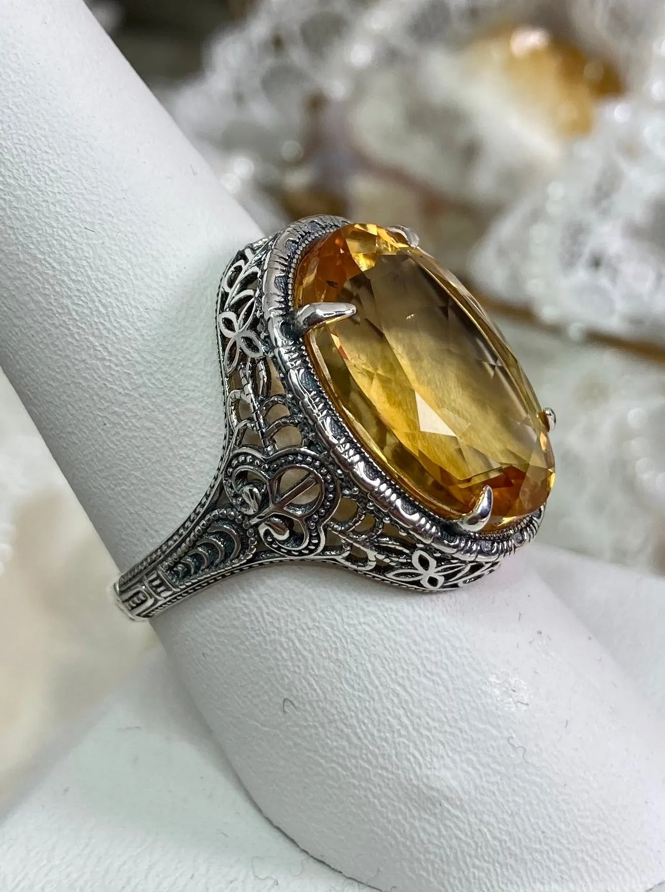 Natural Yellow Citrine Persian Ring, Art Deco Vintage Revival Jewelry #D230
