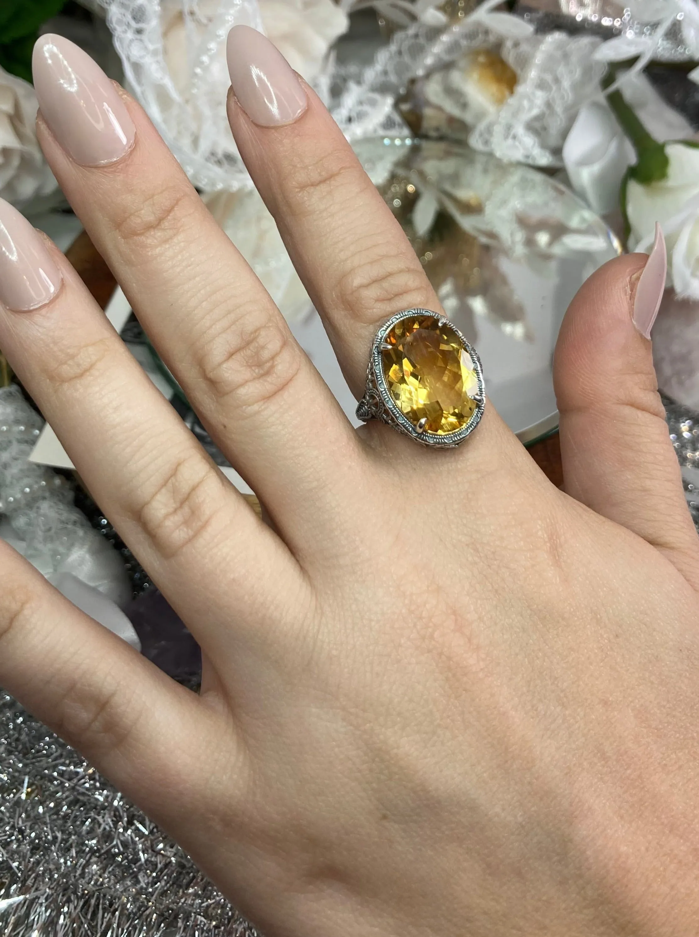 Natural Yellow Citrine Persian Ring, Art Deco Vintage Revival Jewelry #D230