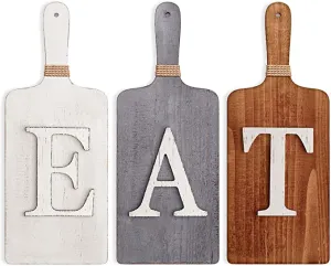 New Barnyard Designs Cutting Board Eat Sign, Rustic Hanging Wall Decor, Primitive Country Farmhouse Home and Kitchen Decor, Multicolor White/Grey/Brown, Set of 3-15 x 38cm Boards