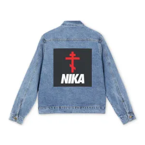 NIKA Red Orthodox Cross | NIKE Logo Mashup | Minimalist Corporate Sports Logo Aesthetic | Orthodox Christian Custom Blue Denim Jacket