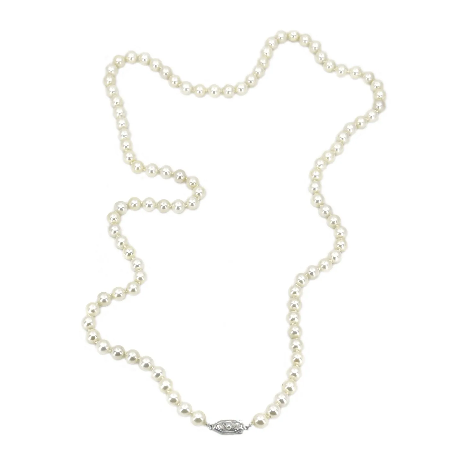 Opera Art Deco Engraved Japanese Saltwater Cultured Akoya Pearl Vintage Necklace - Sterling Silver 30 Inch
