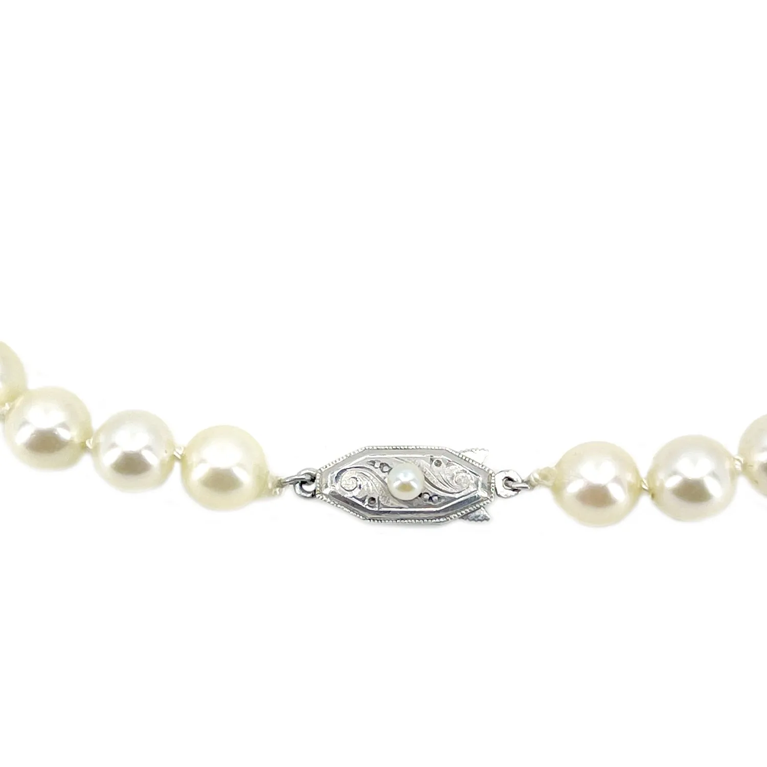 Opera Art Deco Engraved Japanese Saltwater Cultured Akoya Pearl Vintage Necklace - Sterling Silver 30 Inch