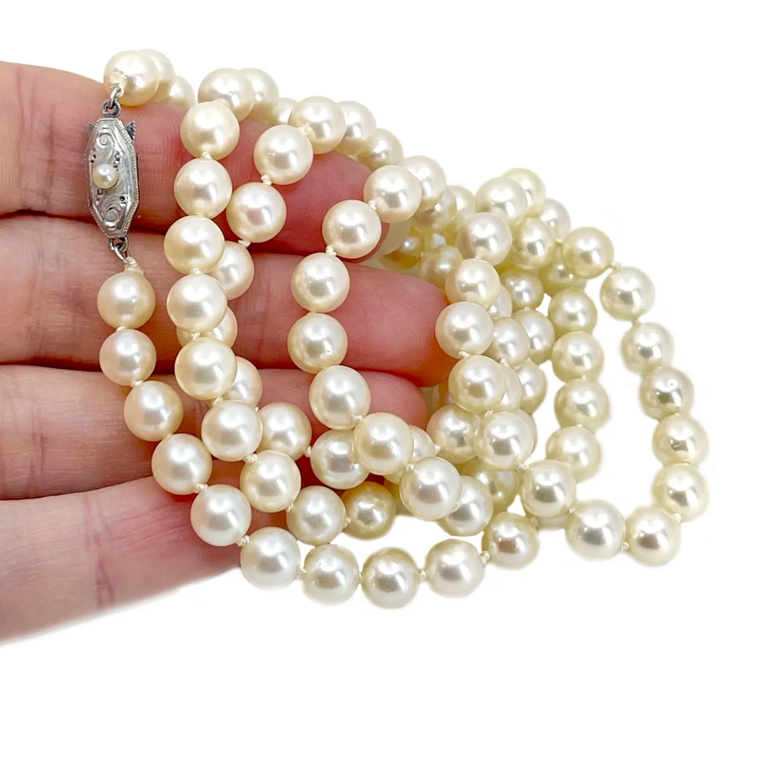 Opera Art Deco Engraved Japanese Saltwater Cultured Akoya Pearl Vintage Necklace - Sterling Silver 30 Inch