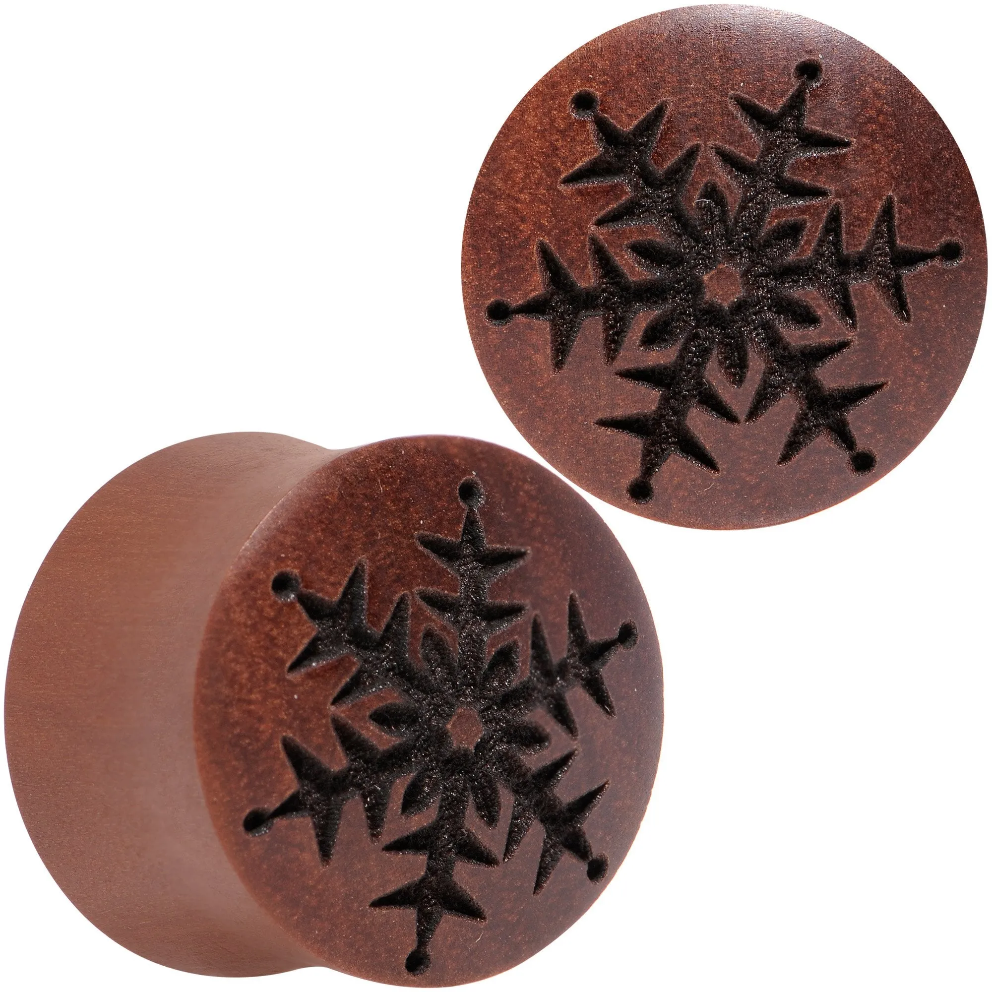 Organic Sawo Wood Holiday Winter Snowflake Saddle Plug Set Sizes 8mm to 25mm