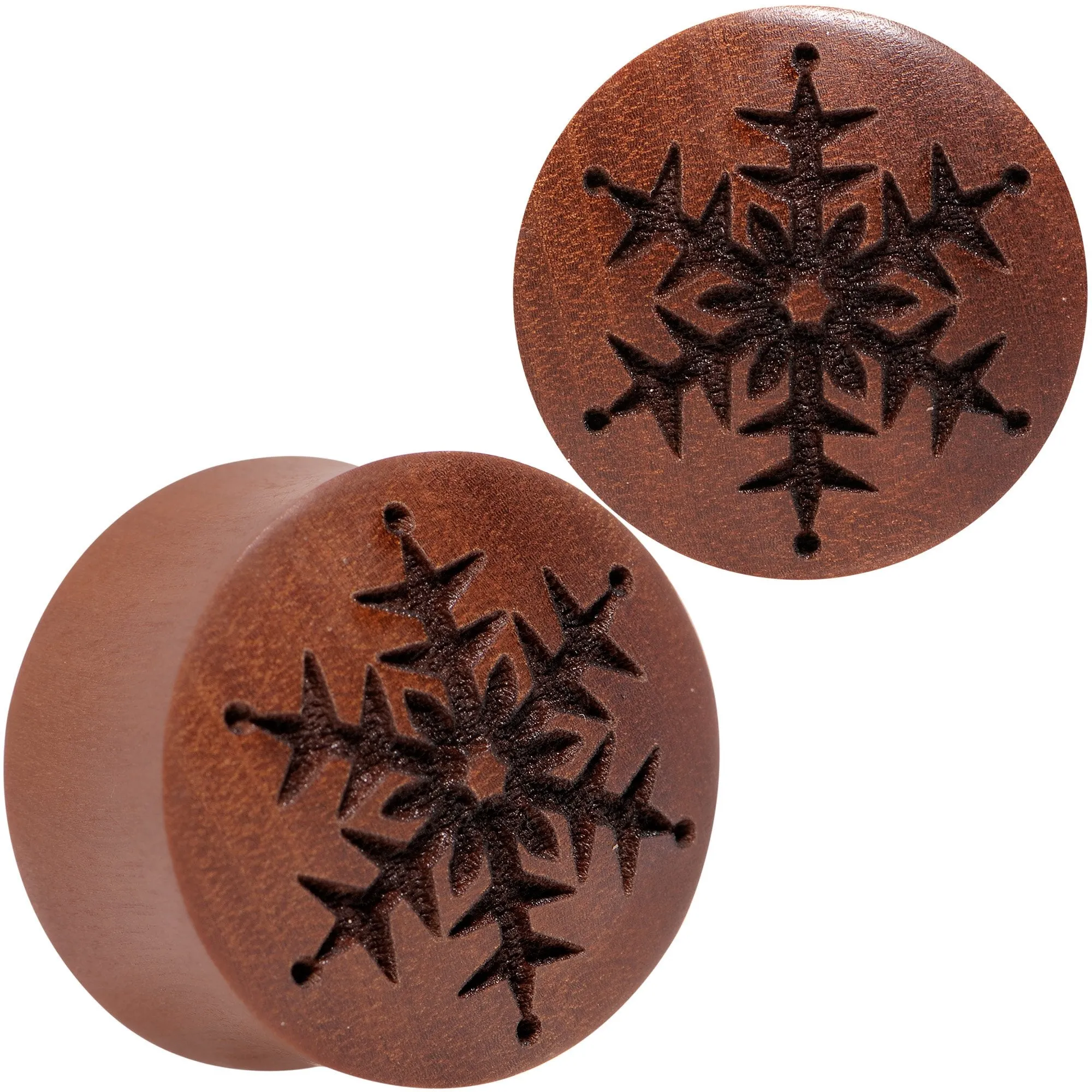 Organic Sawo Wood Holiday Winter Snowflake Saddle Plug Set Sizes 8mm to 25mm