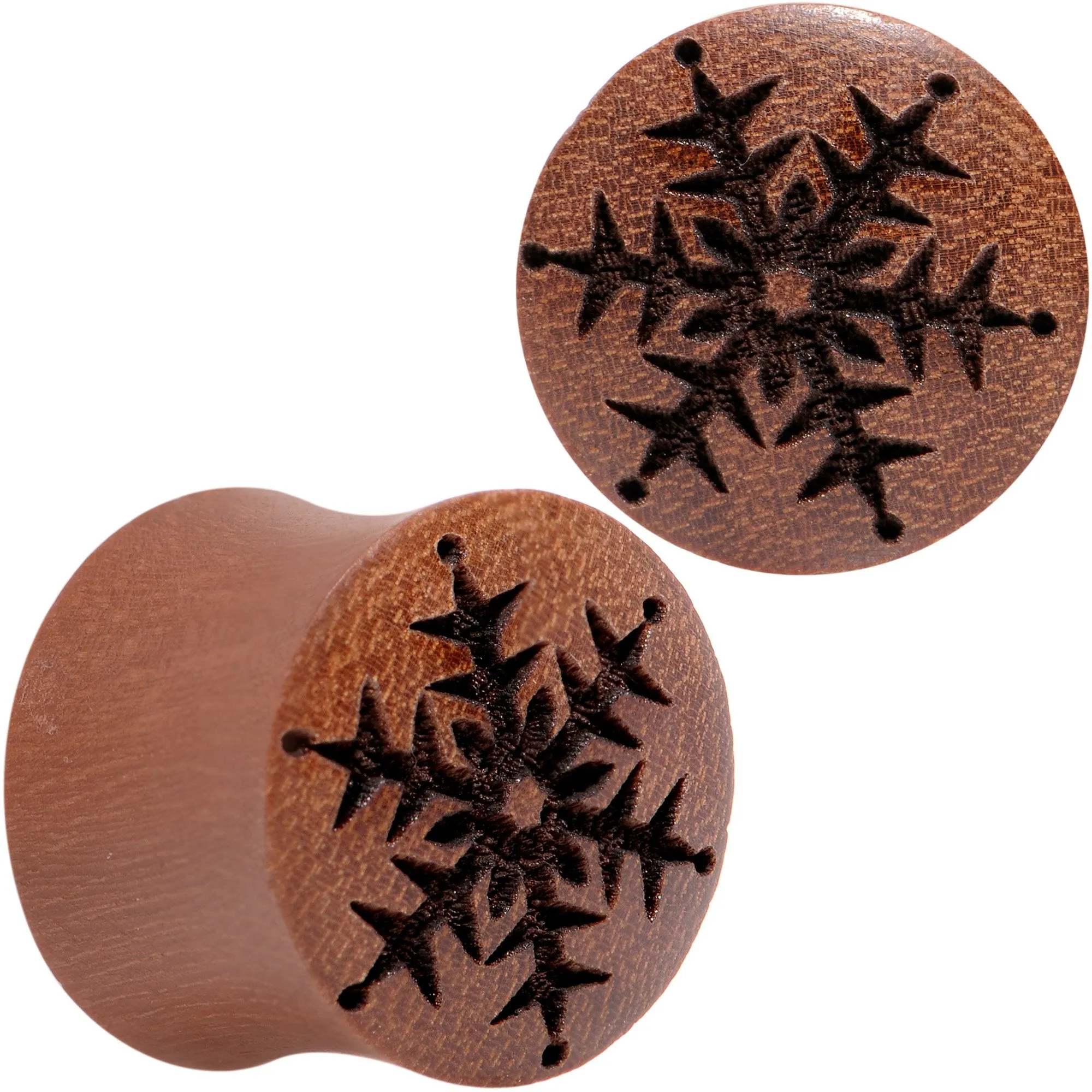 Organic Sawo Wood Holiday Winter Snowflake Saddle Plug Set Sizes 8mm to 25mm
