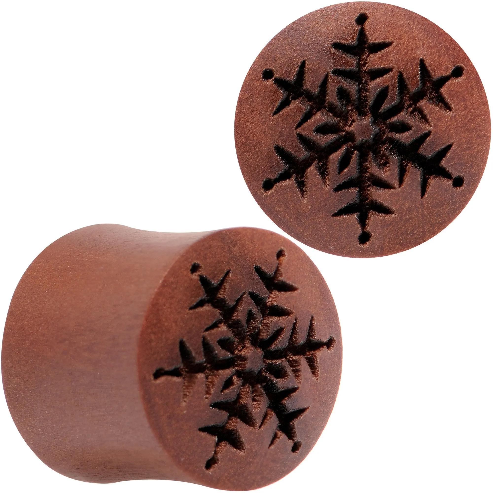Organic Sawo Wood Holiday Winter Snowflake Saddle Plug Set Sizes 8mm to 25mm